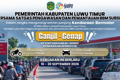 Sistem ganjil-genap pengisian BBM bersubsidi diberlakukan di SPBU wilayah Luwu Timur pada 10–30 September 2026.