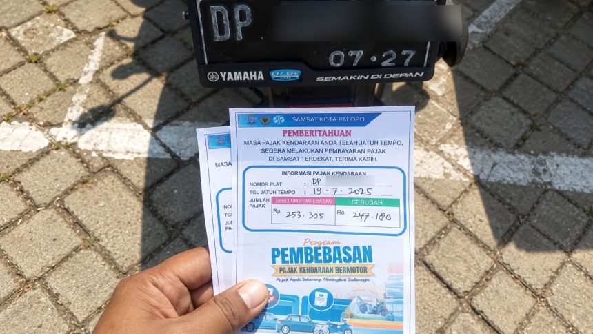 Petugas Bapenda Sulsel Wilayah Palopo bersama Bapenda Kota Palopo melakukan operasi pemasangan stiker imbauan pada kendaraan yang teridentifikasi menunggak pajak (Sumber: Bapenda Sulsel)
