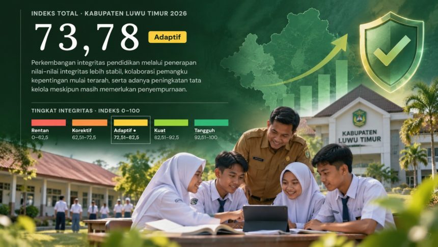 Hasil Indeks Integritas Pendidikan Kabupaten Luwu Timur 2026 mencatat nilai 73,78 dan berada pada level Adaptif.