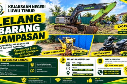 Kejaksaan Negeri Luwu Timur akan melelang tiga barang rampasan negara pada Rabu (21/10/2026), berupa excavator, mesin cultivator, dan sepeda motor. Batas akhir penyetoran uang jaminan jatuh pada Selasa (20/10/2026).